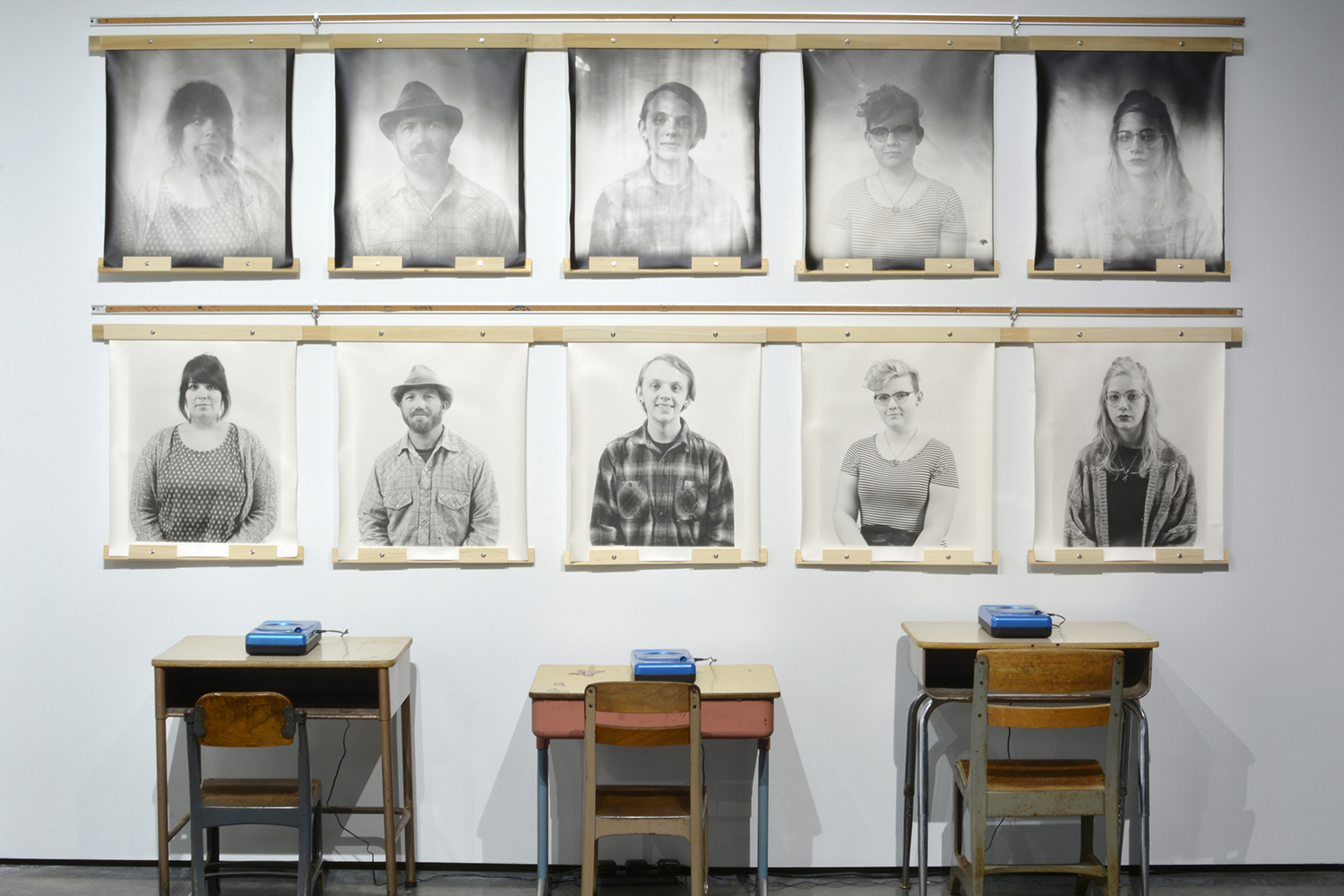 Portraits and Oral History Recordings, Gelatin Silver Print and School Desks & Chairs